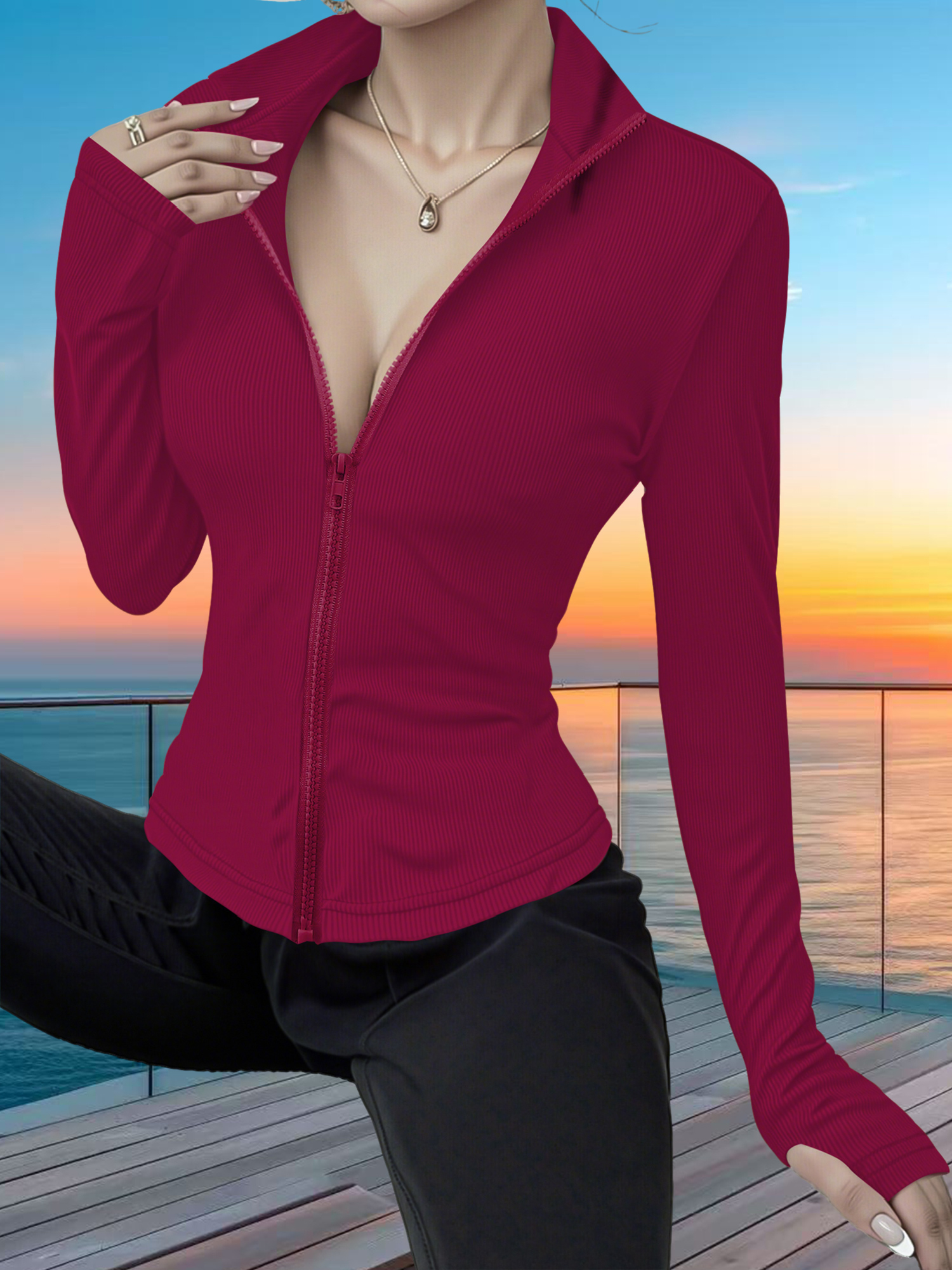 Yoga & Fitness With Faye The Well Being Studio Abbots Langley - Stretchy Rib Knit Zip-Up Athletic Top,