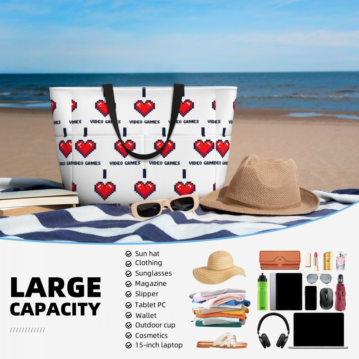 I Heart Video Games Beach Tote - Yoga Fitness Video のレビューと価格
